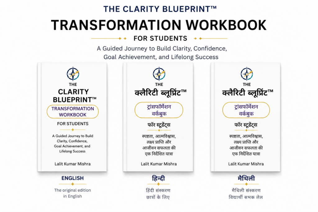 The Clarity Blueprint Transformation Workbook covers in English, Hindi, and Maithili
